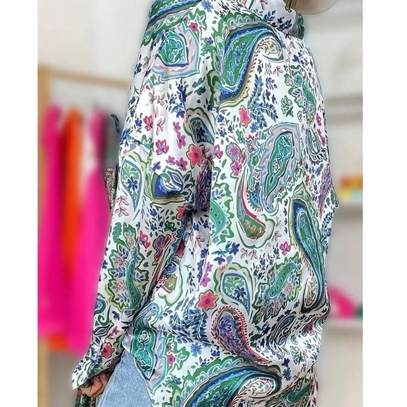 Boho Paisley Print Button Down loose Fit Boyfriend shirt - Picture 2 of 7